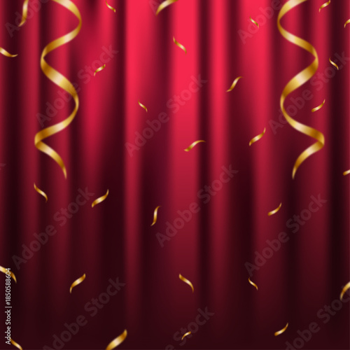 Red Theater Curtain with Falling Gold Confetti, Luxury Grand Opening Stage Background with Streamers, Festive Red Velvet Backdrop for Award Ceremony, Elegant Performance Stage Background with Golden 