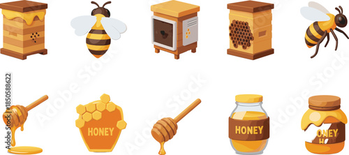 Honey and beekeeping vector collection featuring wooden beehives honeybees jars of organic honey and dippers for farm fresh food packaging nature designs.