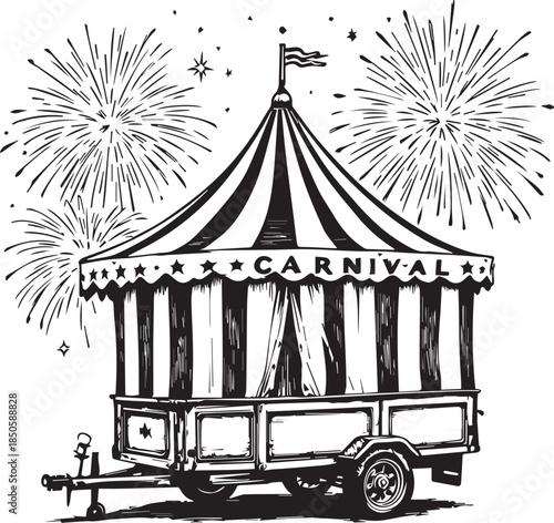 Black and white vector illustration of mobile carnival tent on trailer with fireworks for festive celebration