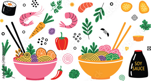 Asian food vector collection with ramen bowls sushi shrimp and fresh vegetables for Japanese restaurant menu healthy eating and oriental cuisine illustration.