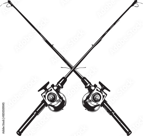 Black and white vector illustration of two crossed fishing rods with reels in stylized emblem design