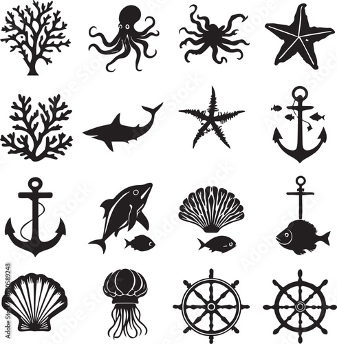 Black and white vector set of 20 marine and nautical icons including coral, sea creatures, anchors, and wheels