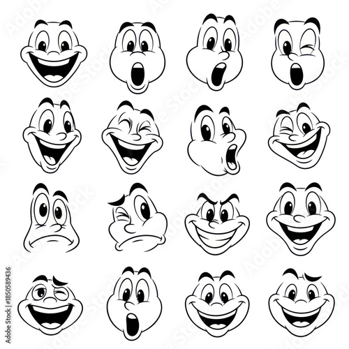 Collection of Cartoon Faces Expressing Various Emotions.