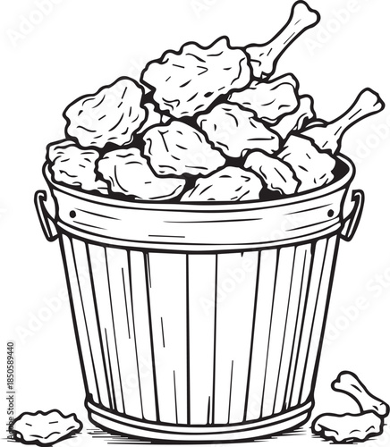 Black and white vector illustration of bucket filled with fried chicken drumsticks and scattered pieces