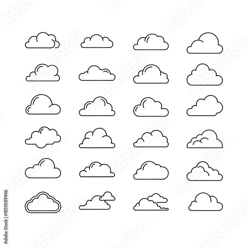 Collection of Cloud Icons in Various Shapes and Styles.