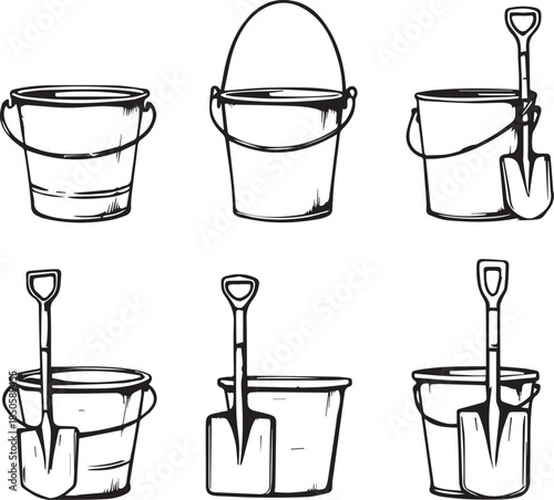 Black and white vector illustration of six bucket and shovel combinations in varied playful arrangements