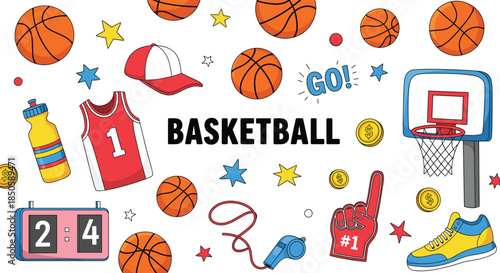Basketball sports vector collection featuring jersey basketballs hoop scoreboard whistle and athletic gear for team tournament branding youth league and school sports designs.
