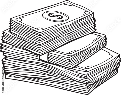 Black and white vector illustration of stacked dollar bills with disorganized layout and currency symbol