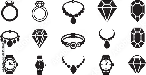 Black icons of luxury jewelry and watches on white
