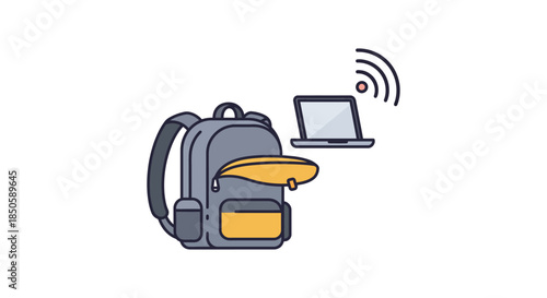digital nomad backpack with laptop and wifi symbol minimalist flat vector illustration for remote work online education travel blogs