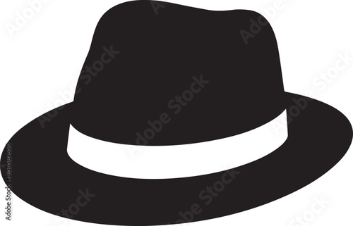 Black and white vector silhouette of classic fedora hat with wide brim and white band accent