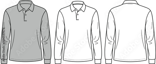 Long sleeve polo shirt vector illustration, front back views, blank collared apparel mockup for classic mens fashion branding template design