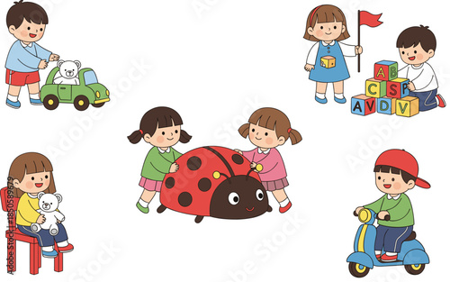 Cute cartoon children playing vector set with kids using toy car alphabet blocks ladybird rocker and scooter for early childhood education nursery.