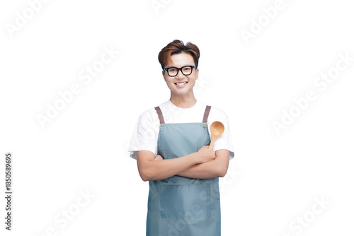 Smiling Chef with Wooden Spoon: A cheerful chef, radiating confidence, poses with a wooden spoon, ready to create culinary delights and spread joy. 