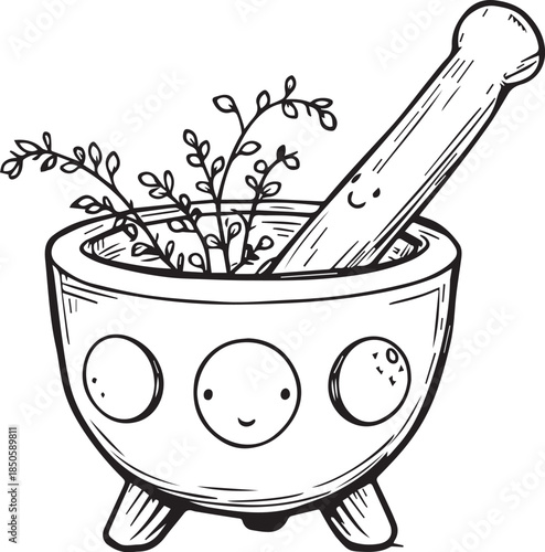Black and white vector illustration of smiling mortar and pestle with herbs and playful kitchen charm