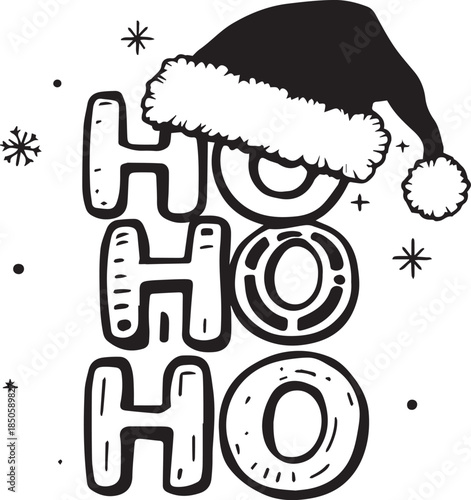 Black and white vector illustration of “HO HO HO” holiday text with Santa hat and snowflake accents