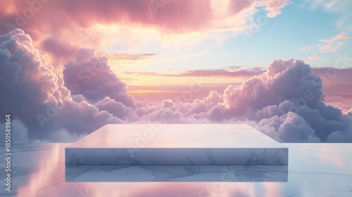 Wallpaper Mural marble display platform on reflective stone floor before cottony pastel clouds at sunrise, serene and dreamy atmosphere Torontodigital.ca