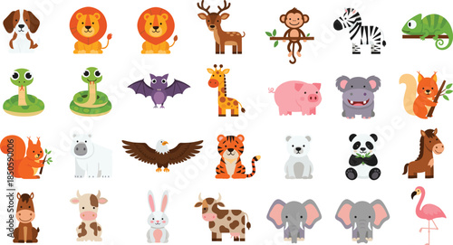 Cute cartoon animal icon collection featuring lion elephant giraffe panda tiger and farm animals for children educational design nursery stickers and wildlife posters