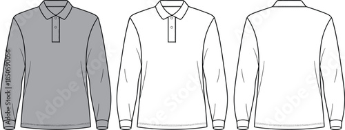 Long sleeve polo shirt vector illustration, front back views, blank collared apparel mockup, classic mens fashion design template branding marketing
