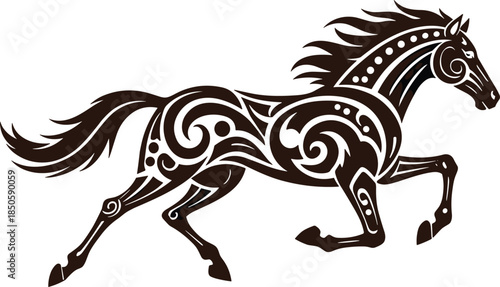 Stylized running horse vector illustration with decorative swirl ornaments, black tribal silhouette isolated on white background, elegant equine tattoo art design concept.