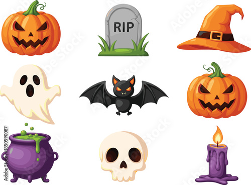Spooky Halloween vector icon set featuring carved pumpkins ghost bat witch hat skull gravestone and magic cauldron for festive holiday celebration designs.