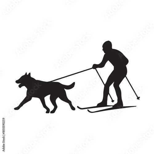 Skijoring Dog Pulling Cross-Country Skier Silhouette Vector Illustration