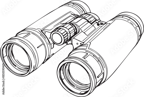 Black and white vector illustration of angled binoculars with detailed lenses and central focusing mechanism