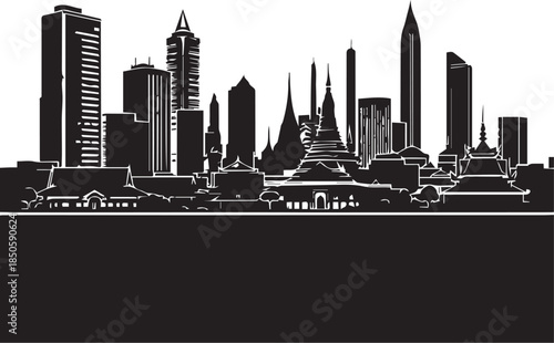   
Black and white vector silhouette of Thai temples and modern skyscrapers in blended cityscape