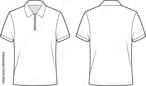 Polo shirt technical drawing, front and back view, short sleeve zip collar, apparel fashion flat vector illustration template
