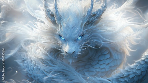 Wallpaper Mural Majestic white ice dragon with flowing fur-like mane and glowing blue eyes, coiled scaly body in mist, serene yet fierce otherworldly presence Torontodigital.ca