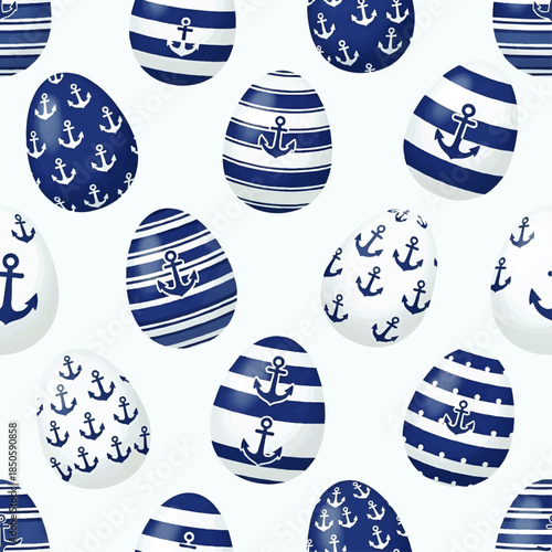 Seamless pattern of blue and white Easter eggs with anchors and stripes.