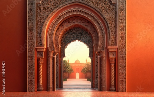 Sunlit terracotta arched gateway with ornate carved arabesque patterns and spiral columns opening onto a tranquil courtyard with palm trees and distant domed pavilion