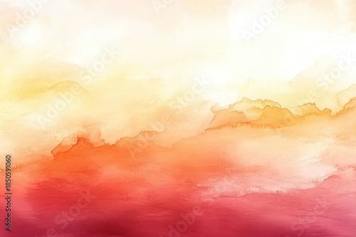 soft layered watercolor landscape of misty hills and distant mountains in warm yellow, orange and red tones evoking calm dreamy serenity