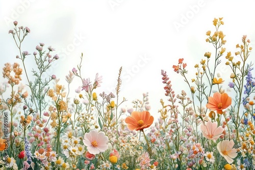 delicate pastel wildflower meadow of daisies, poppy-like blooms and tiny buds on tall slender stems against a soft white sky, evoking serene joyful spring calm