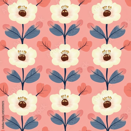 cheerful seamless floral pattern of cream blossoms with brown centers and yellow stamens, blue-gray leaves and coral petals on a soft coral pink background