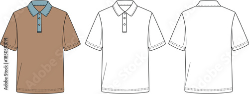 Polo shirt vector illustration, front back views, blank collared tshirt apparel mockup, casual short sleeve fashion design template for branding