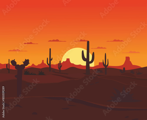sunset at desert with cactus plant landscape illustration