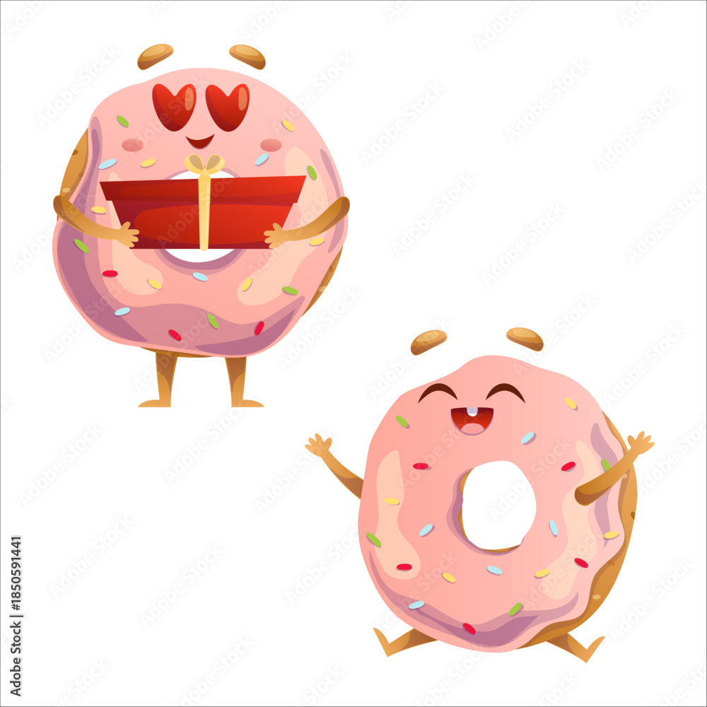 Fototapeta premium Cute donut vector illustration. Donut, gift, holiday, love, joy, set, emotions, template