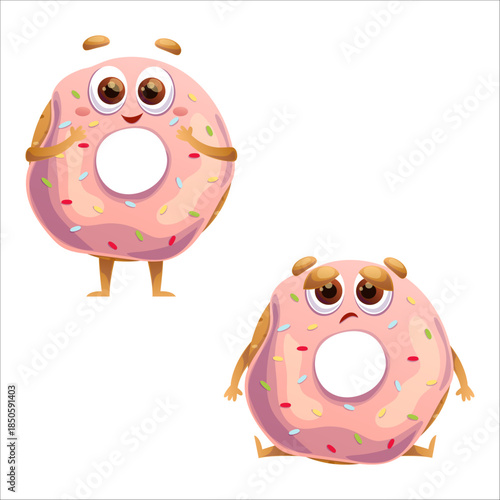 Cute donut vector illustration. Donut, sad, infatuated, love, emotion, set