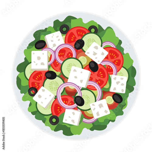 A vibrant top-down illustration of a fresh Greek salad featuring crisp lettuce, ripe tomatoes, cucumbers, purple onion rings, savory black olives, and chunks of white feta cheese arranged in a bowl