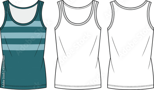 Tank top technical drawing, front back views, sleeveless shirt apparel, fashion flat vector illustration design template mockup