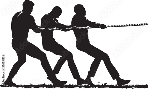 Black and white vector illustration of silhouetted team pulling rope in dynamic tug-of-war action