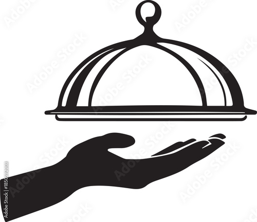 Black and white vector illustration of hand holding serving tray with cloche in silhouette style
