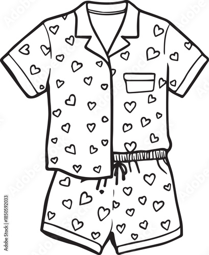 Black and white vector illustration of heart-patterned pajama set with button-up shirt and drawstring shorts