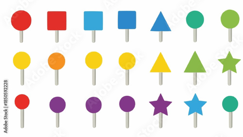 Collection of Colorful Geometric Push Pins and Thumbtacks.