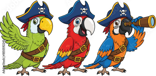 Cute cartoon pirate parrot vector character set wearing captain hats with skull and crossbones holding telescope for children nautical adventure theme.