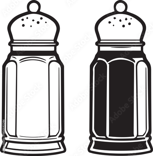 Black and white vector illustration of classic salt and pepper shakers with rounded tops and dispensing holes
