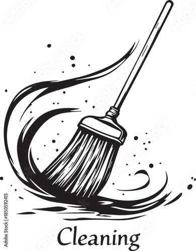 Black and white vector illustration of sweeping broom with motion lines and “Cleaning” text below