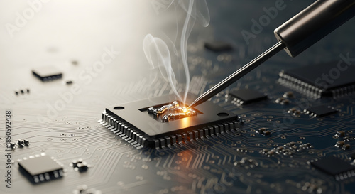 Soldering Iron Soldering a Microchip on Circuit Board