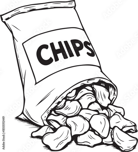 Black and white vector illustration of open chips bag with bold label and scattered snack pieces